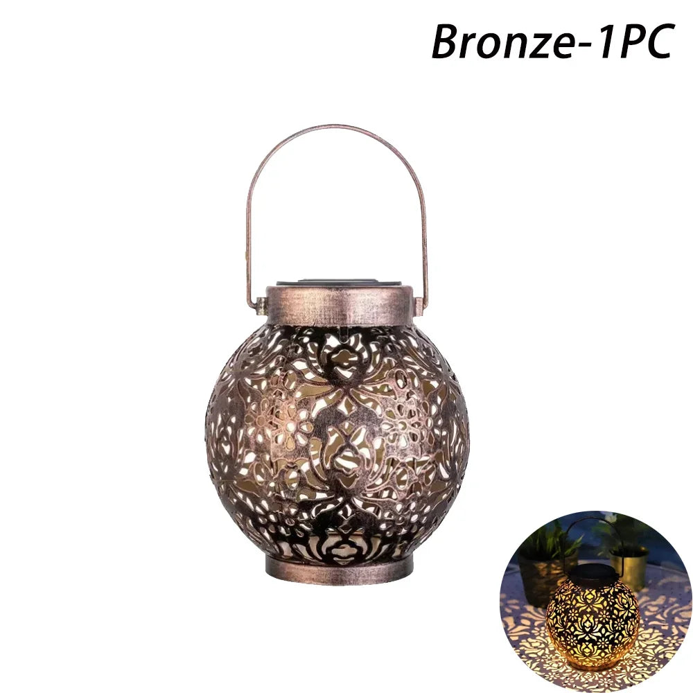 Solar Powered Hollow Ball Garden Light Waterproof Iron Metal Pendant Landscape Projection Hanging Decor for Outdoor Garden Decor