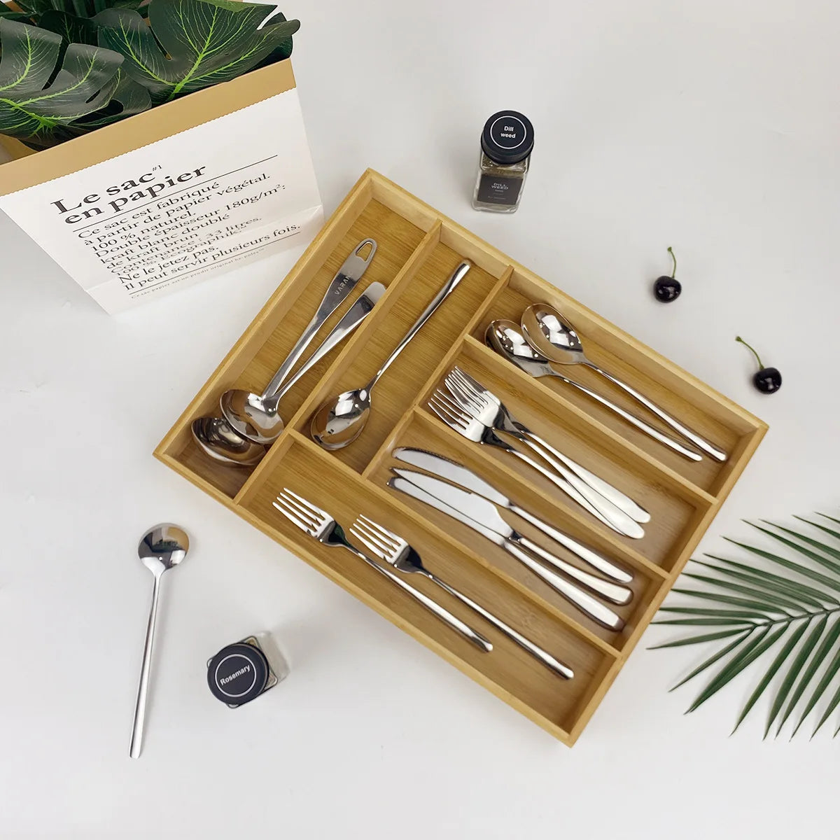 Bamboo Storage Box,Stylish and Simple Six-grid Bamboo Knife Box Sub-format Western Knife Box Kitchen Supplies Storage Box