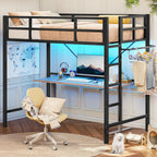 Twin Loft Bed with LED Lights, Metal Loft Bed Twin Size with Full-Length Guardrail Clothes Rack, Heavy Duty Metal Loft Bed Frame