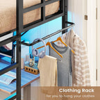 Twin Loft Bed with LED Lights, Metal Loft Bed Twin Size with Full-Length Guardrail Clothes Rack, Heavy Duty Metal Loft Bed Frame