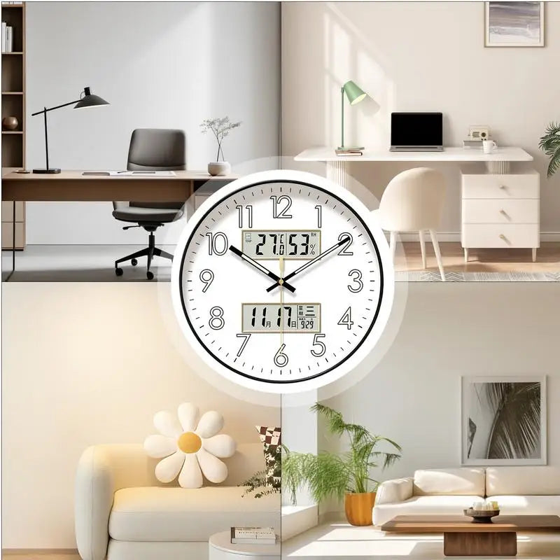 Modern Design Clock Silent Non Ticking Round Luminous Wall Clock with Calendar Digital Display Night Light Wall Clock Decor