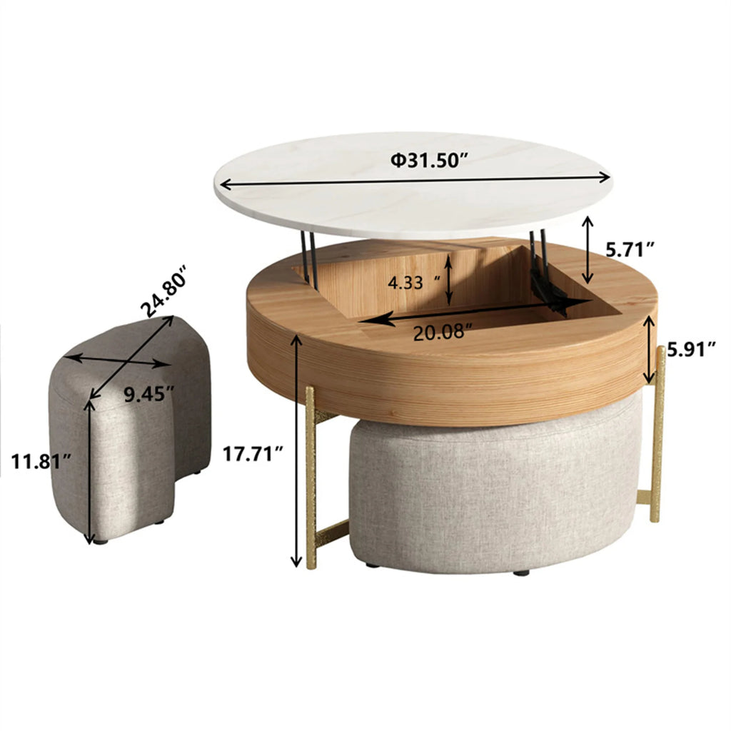 31.5" Round Marbling Pattern Slate Coffee Table with Storage 3 Stools Wood Rustic Boho Lift Top Coffee Table Set for Living Room