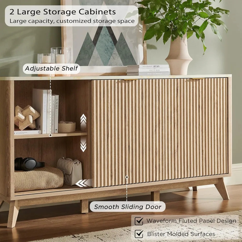60" Fluted Dresser with Sliding Doors and 4 Drawers, Modern Chest w/Faux Marble Top, Curved Profile Design, Dresser