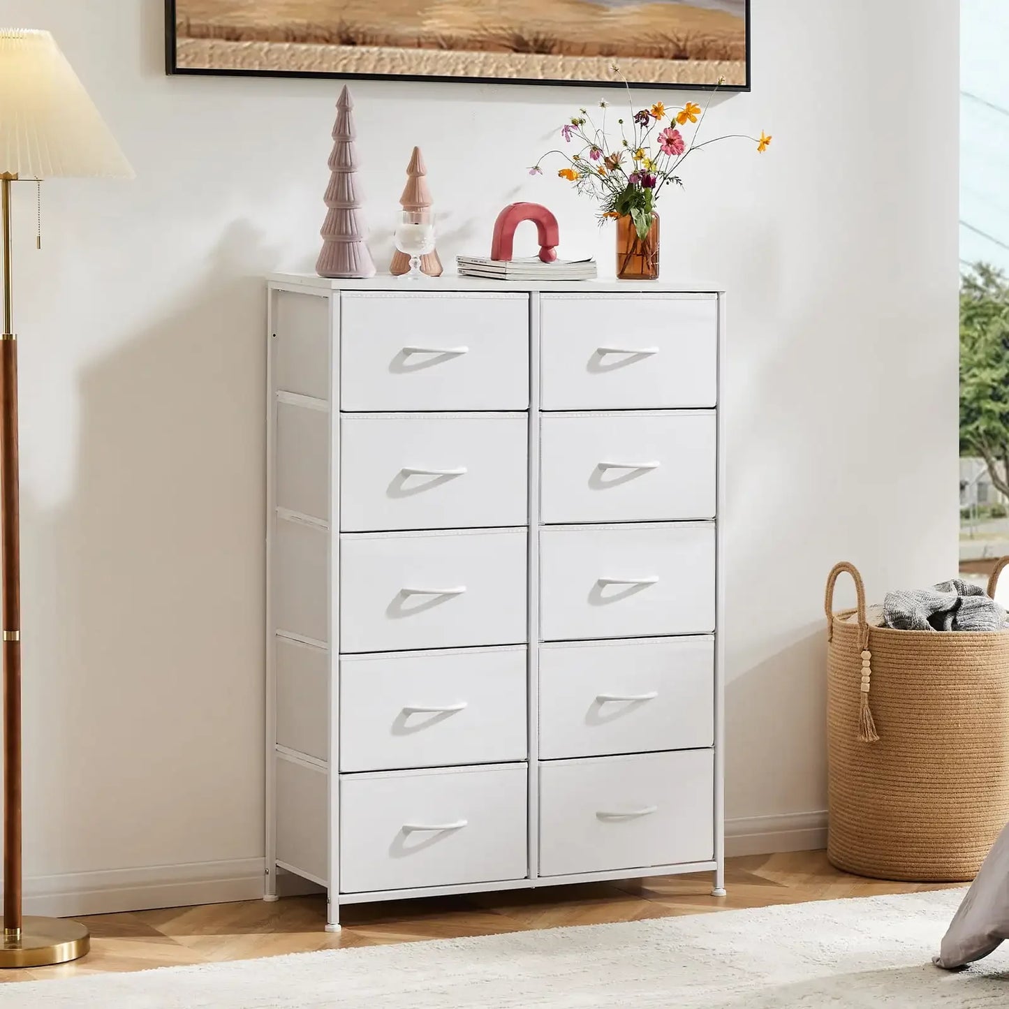 10 Drawer Dresser for Bedroom, Tall Chest Organizer with Fabric Bins, Steel Frame, White