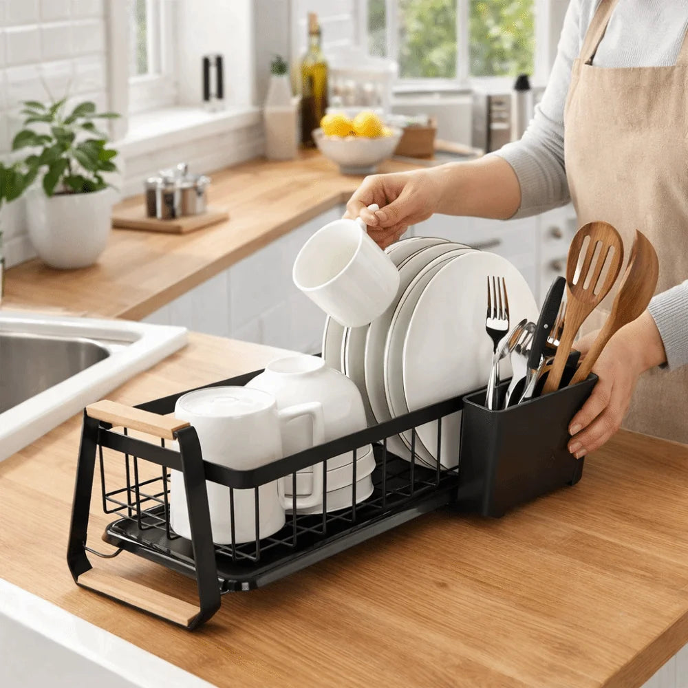Detachable Kitchen Dish Rack Large Capacity Wooden Handle Kitchen Organizer Metal Frame Dish Drainer Dish Drying Drain Rack