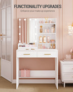 Hzuaneri Dressing Table with LED Lighting, Adjustable Brightness, with Mirror, Dresser with 2 Drawers, 4 Shelves, 2 Compartments