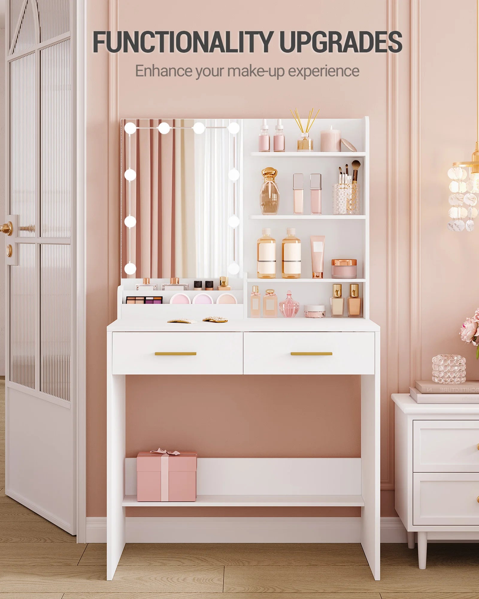 Hzuaneri Dressing Table with LED Lighting, Adjustable Brightness, with Mirror, Dresser with 2 Drawers, 4 Shelves, 2 Compartments