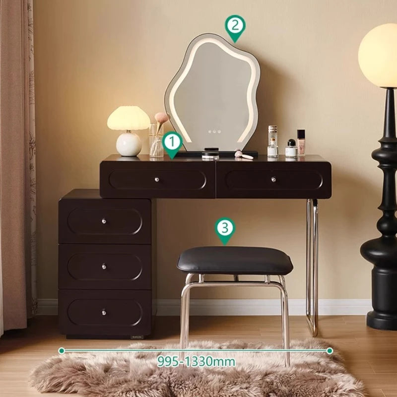 French Retro Dresser Chest Bedroom Internet Celebrity Makeup Table Vanity Desk With Light Mirror With Seat Dressing Table Black
