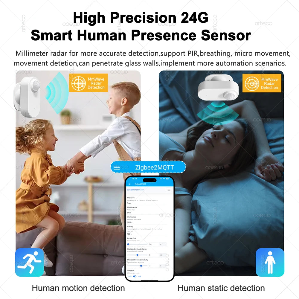 24G Zigbee Human Presence Sensor +PIR Motion Detector +Luminosity Detection Battery Powered Support Zigbee2mqtt Home Assistant