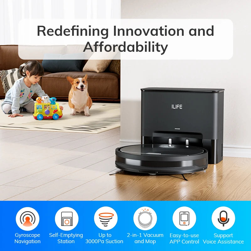 ILIFE V9Pro Robot Vacuum, Self-Emptying, 3000Pa Strong Suction, Gyro Navigation, Schedule, App/Alexa Control, for Pet Hair