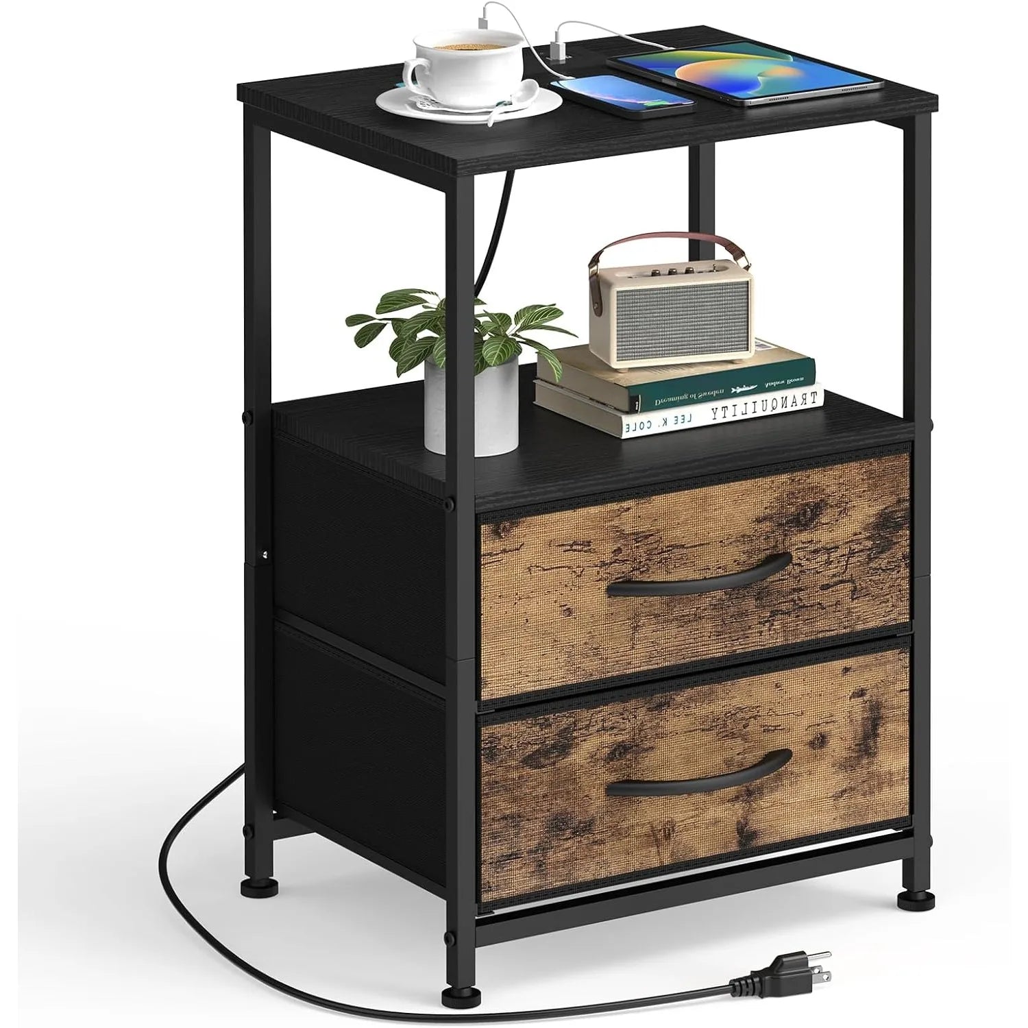 Nightstand with Charging Station - USB/Power, 2-Tier Bedside Table w/2 Drawers & Shelves, Compact for Bedroom/Living Room