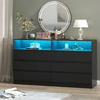 6 Drawer Double Dresser with Power Outlet, Accent Chests of Drawers with LED Light, Modern White Storage Dresser with Charging S