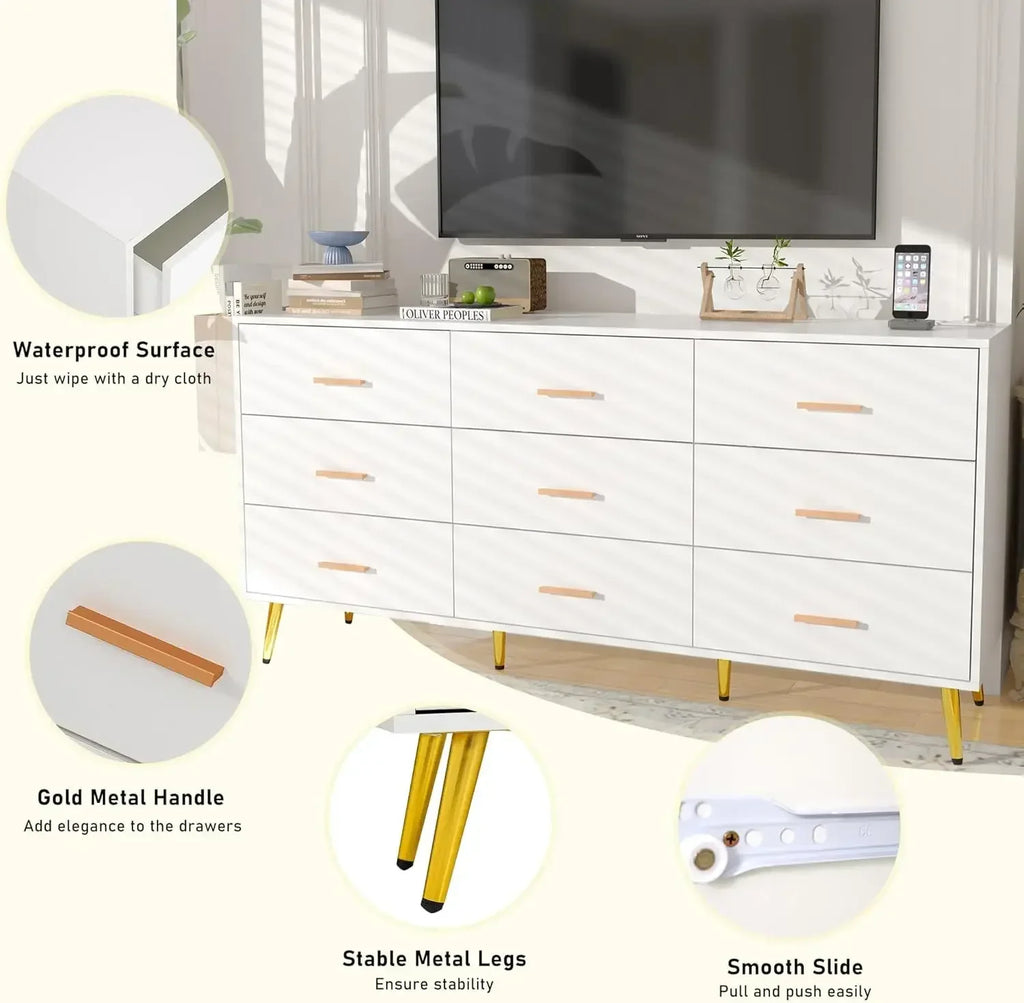 9 Drawer Dresser for Bedroom, 63” Long Dresser with Charging Station, Modern Chest of Wide Drawers ， White