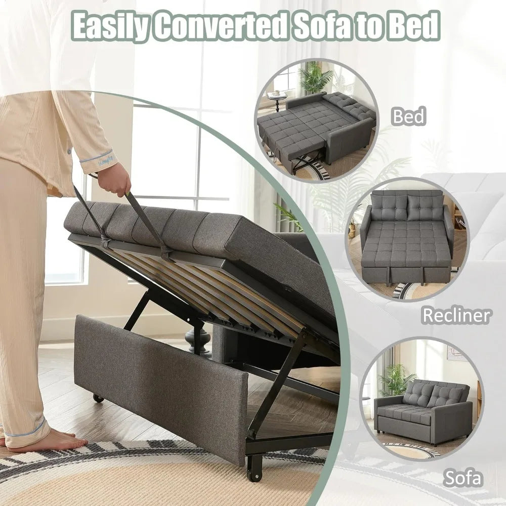 52" Sleeper Sofa with Pull-Out Bed, 3-in-1 Convertible Sofa Bed, Loveseat with Stepless Adjustable Backrest and Side Pocket