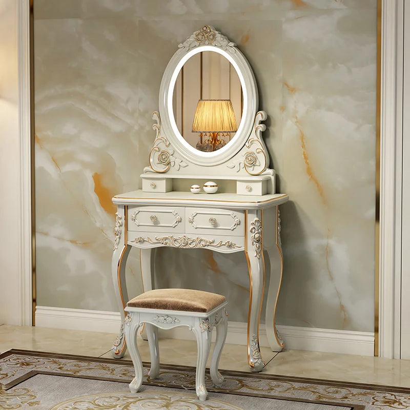 European Luxury Vanity Table Bedroom Mid Century White Makeup Dressing Table Cosmetics Chair Penteadeira Postmodern Furniture