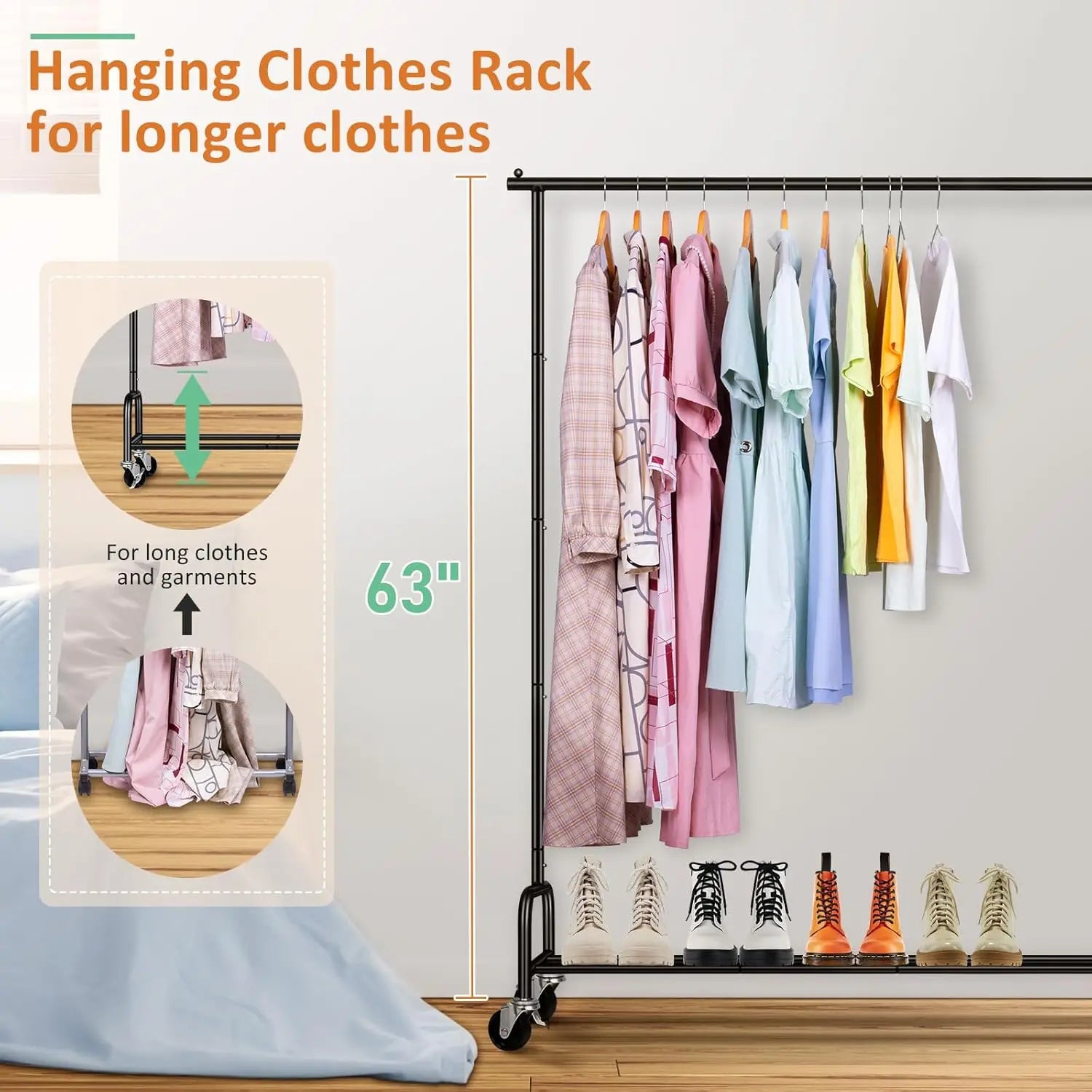 Heavy Duty Clothing Racks for Hanging Clothes Rack,43" Wide Rolling Garment Rack Metal Clothing Hanger Rack Wheels Wardrobe Rack
