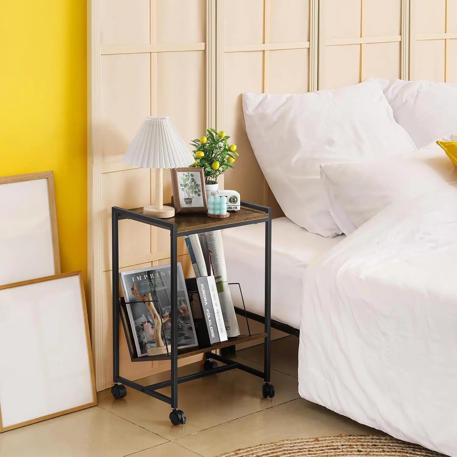 Record player stand, turntable stand with wheels, bedside table, record player table with album storage rack