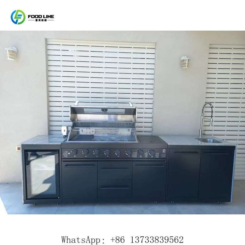 Customized Villa Outdoor Kitchen Factory Direct Stainless Steel 6 Burner Gas Grill Party BBQ Powder Coated Sink Refrigerator