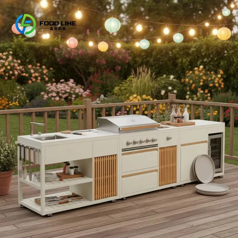 Customized Commercial Stainless Steel Outdoor Kitchen BBQ Island with Pizza Oven Fridge BBQ Grill for Garden Patio Backyard