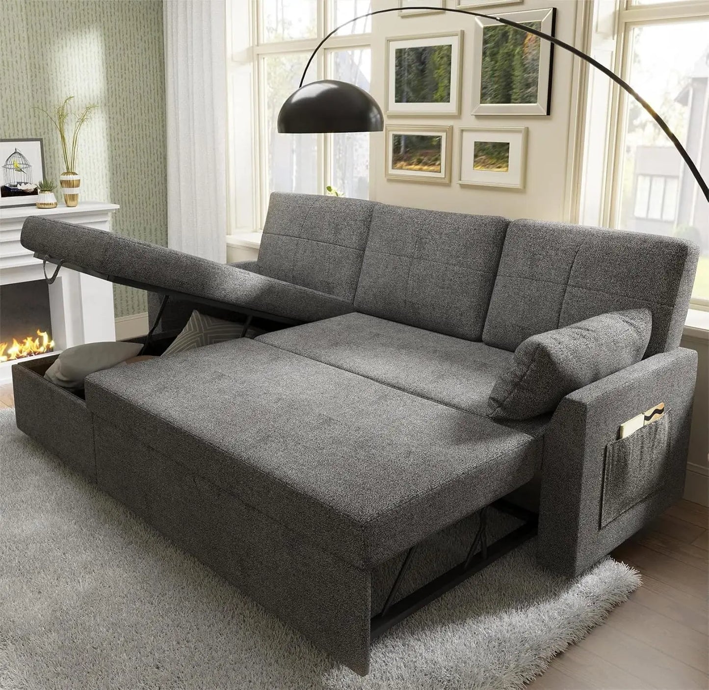 Grey Linen Sleeper Sofa / Sofa Bed - 2-in-1 Pull Out Couch w/ Storage Chaise, Living Room | AlluCanFind