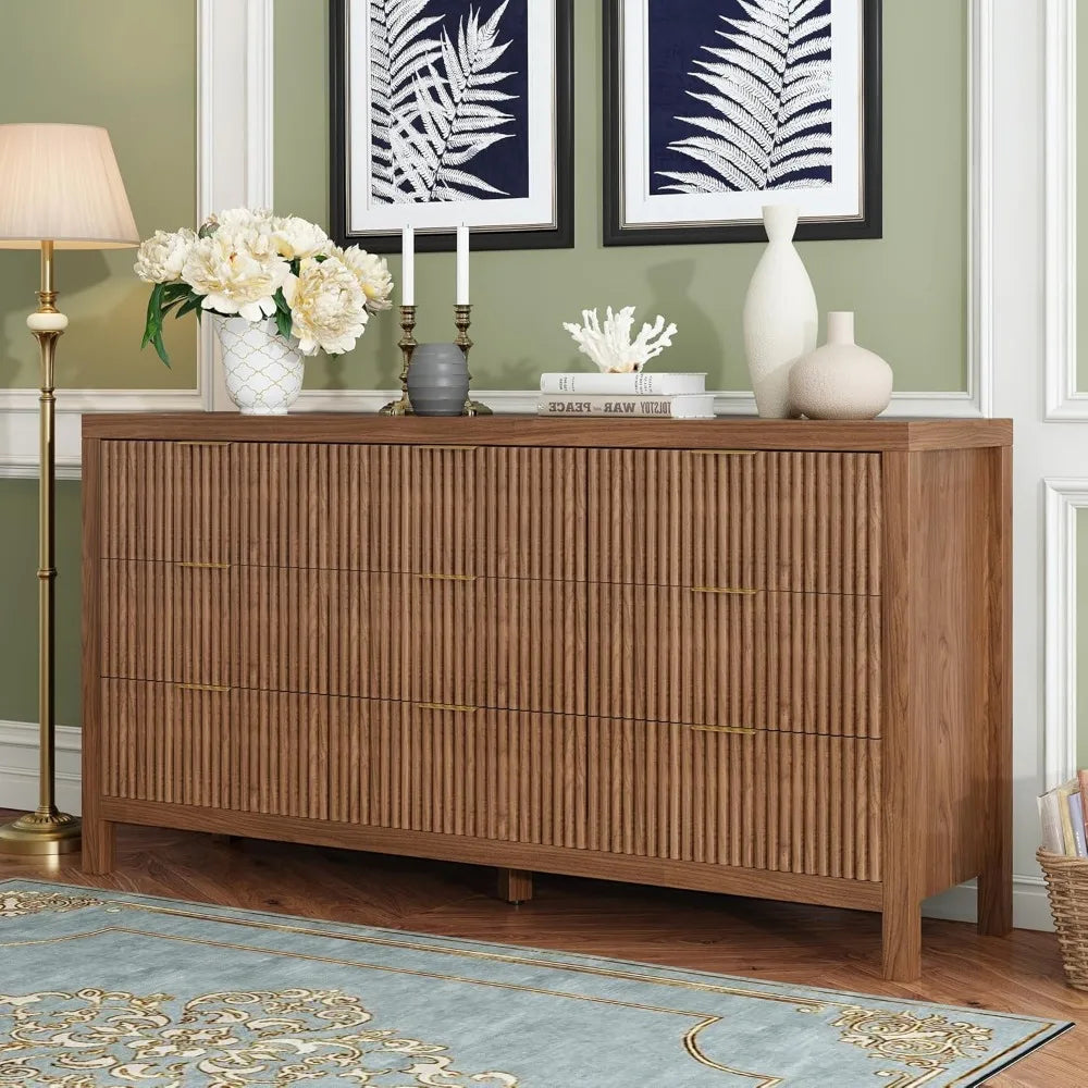 9 Drawers, Modern Large Chest Mid Century Modern Dresser TV Stand, Storage Organizer Dresser with Solid Natural Wood Legs for Be