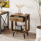 Nightstand Set of 2 with Fabric Drawers and Open Shelves - Rustic Bedroom Side Tables