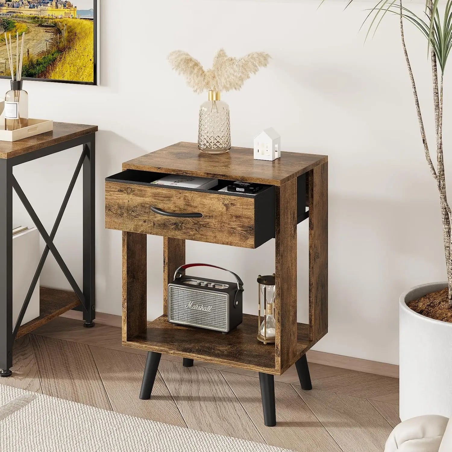 Nightstand Set of 2 with Fabric Drawers and Open Shelves - Rustic Bedroom Side Tables