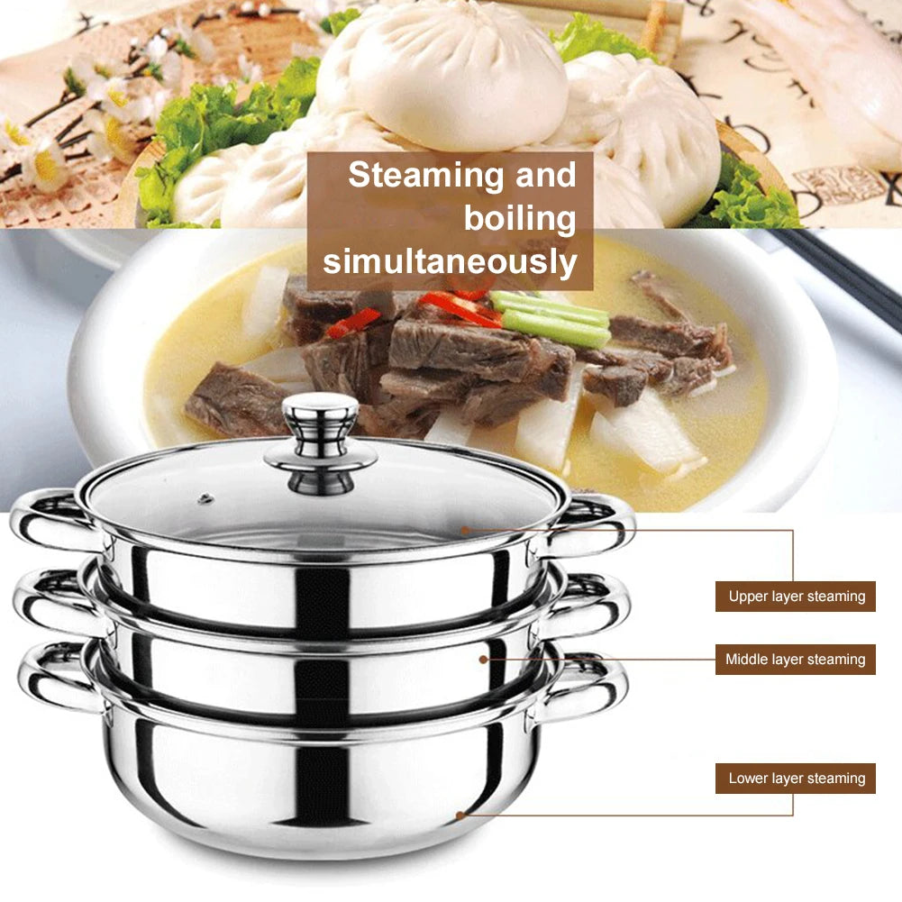 3 Tier Food Steamer with Lid Stainless Steel Steamer Cooker Steamer Pot for Cooking for Vegetable Dumpling Stock Sauce Food