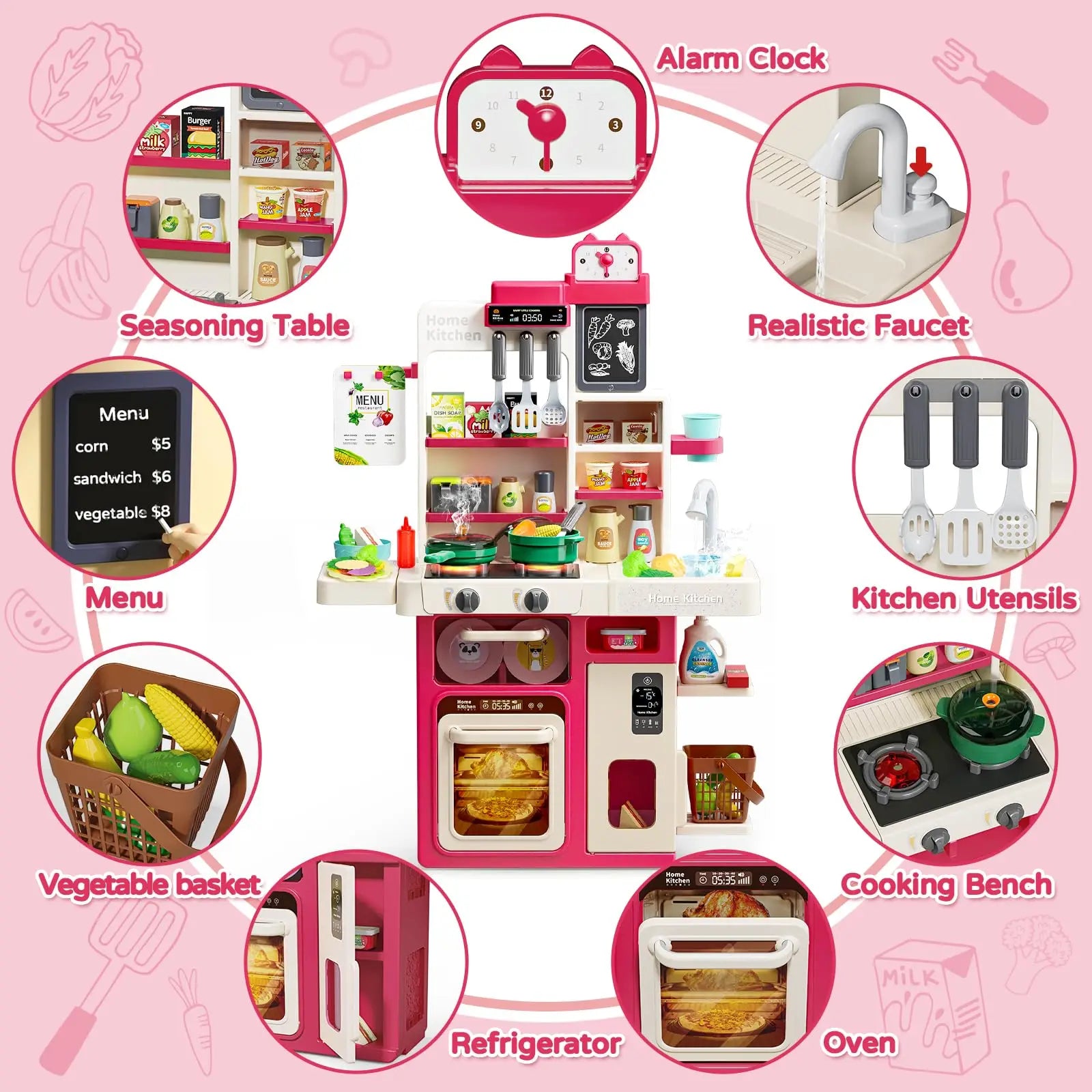 Simulated Kitchen Playset with Lights Sound Spray Steam, Kids Pretend Cooking Toy, Tableware Sink Set, Gift for Boys Girls