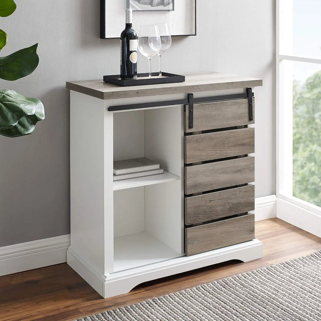 Willa Modern Farmhouse Sliding Single Slat Door Storage Console, 32 Inch, White And Grey Wash