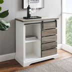 Willa Modern Farmhouse Sliding Single Slat Door Storage Console, 32 Inch, White And Grey Wash