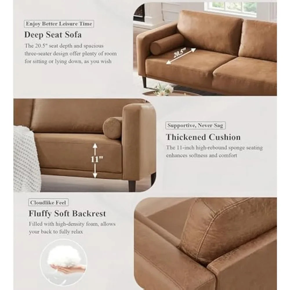 79" Mid-Century Modern Faux Leather Sofa | 3-Seat • Breathable Upholstery • Brown | Living Room/Office/Apartment