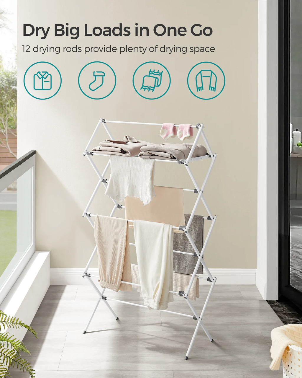 SONGMICS Foldable Clothes Drying Rack, Laundry Drying Rack, Clothes Airer, Steel Frame, 14.6 x 29.5 x 53.2 Inches, Easy Assembly