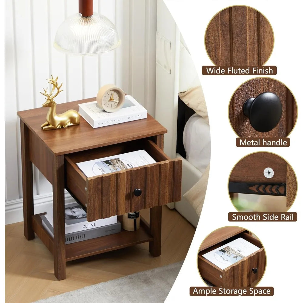 Wood Nightstand, 21.65" H Bedside Table with Wide Fluted Finish, Modern Night Stands with Drawer, Mid Century End Table
