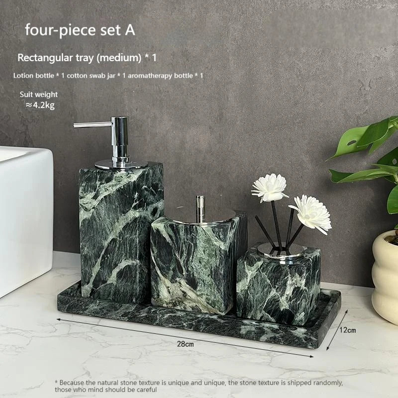 Luxury Marble Bath Set: Shampoo Bottles, Tray & Canister Organizer, Natural Stone Accessories for Home & Hotel Bathroom Decor