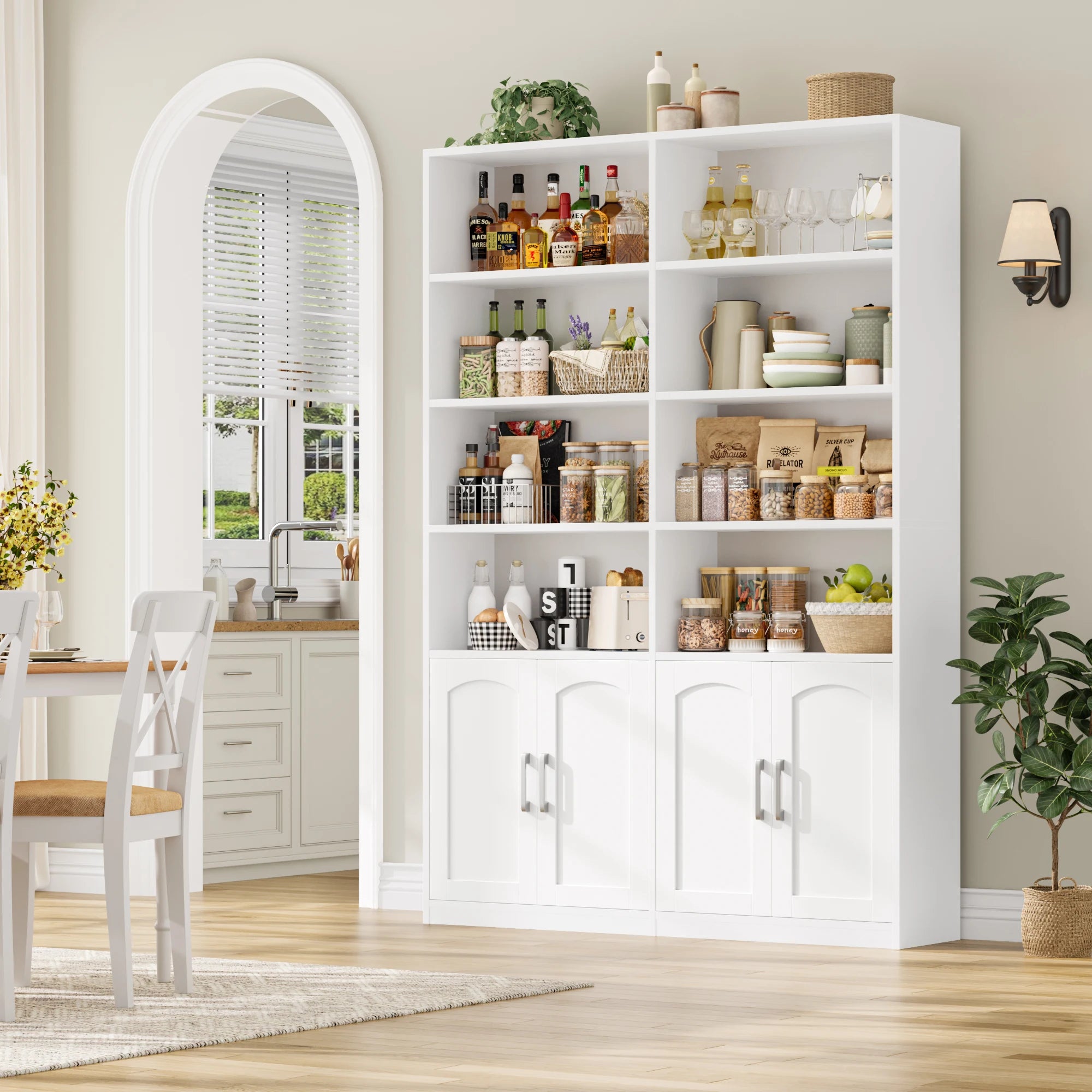 Getone Bookshelf Books wardrobe high wardrobe with 12 compartments 4 doors standing rack for living room office kitchen 115x27x185.5 cm