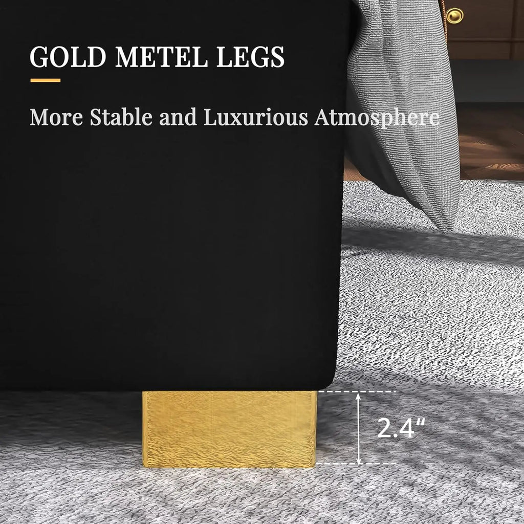 King Size Platform Bed Frame, 65" Velvet Upholstered Bed with Gold Trim Headboard/Wooden Slats/No Box Spring Needed/Black