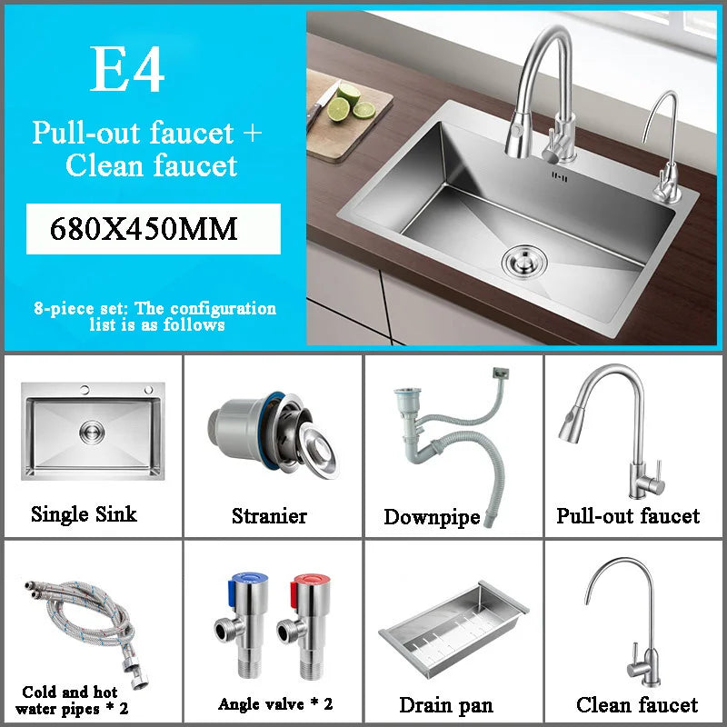Stainless Steel Kitchen Sink Farm House Above Counter Undermounter Single Bowel Wash Basin with Faucet Drain Kitchen Accessories