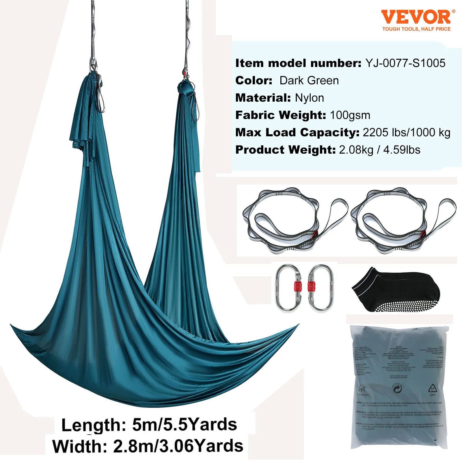 VEVOR 5.5 Yards Aerial Yoga Hammock & Swing Nylon Fabric Full Rigging Hardware for Antigravity Yoga Fitness Bodybuilding