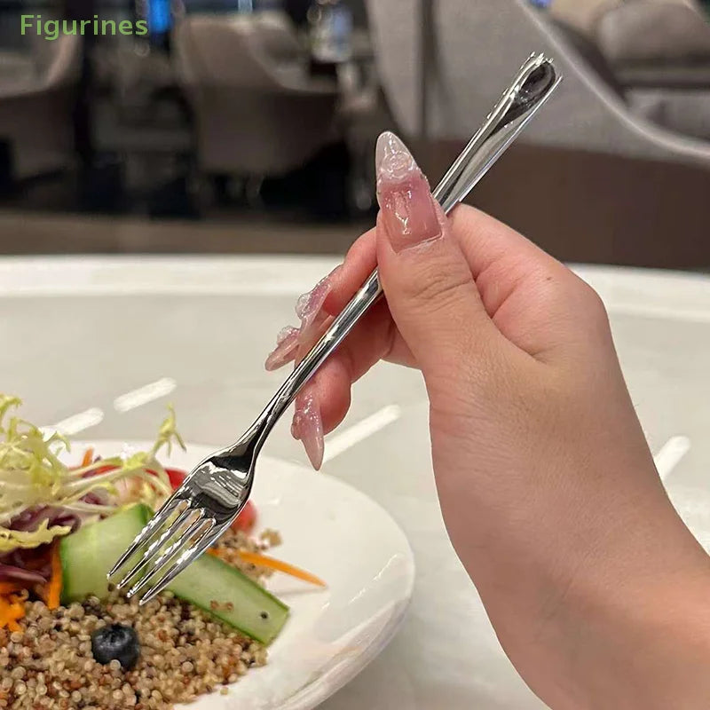 Korean Stainless Steel Dinner Forks Set Long Handle Four Tine Tableware for Salad Dessert Fruit Kitchen Cutlery