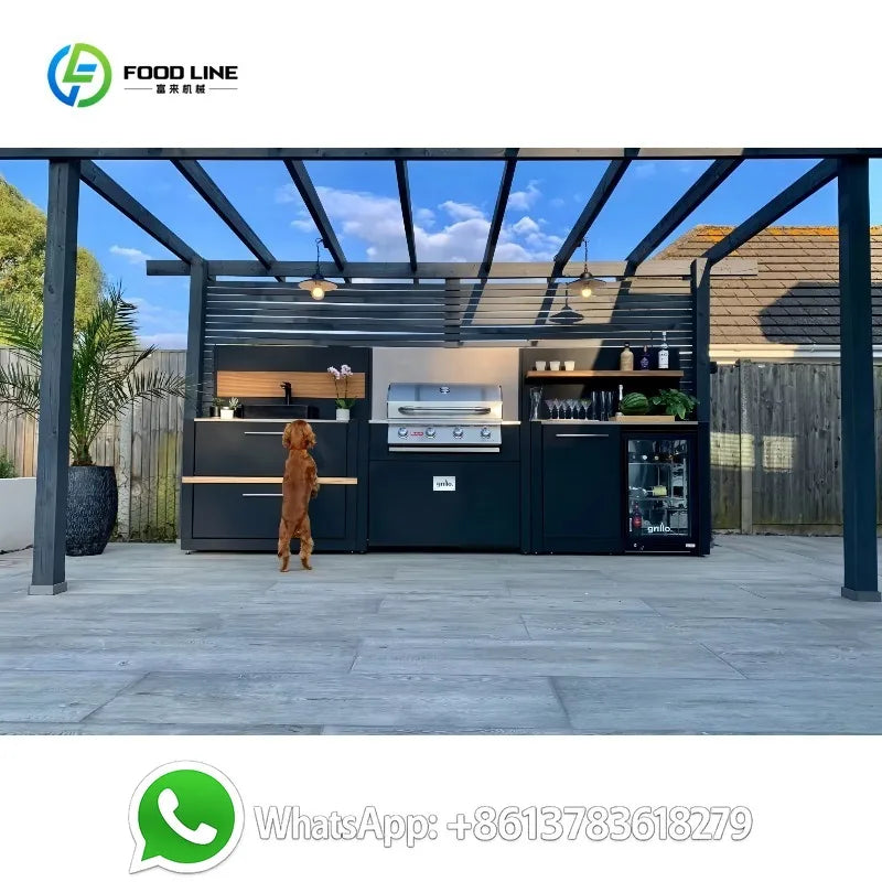 Customized All-Weather Outdoor Kitchen Unit Featuring Gas Grill, Fridge, and Natural Stone Top for Patio or Garden Use