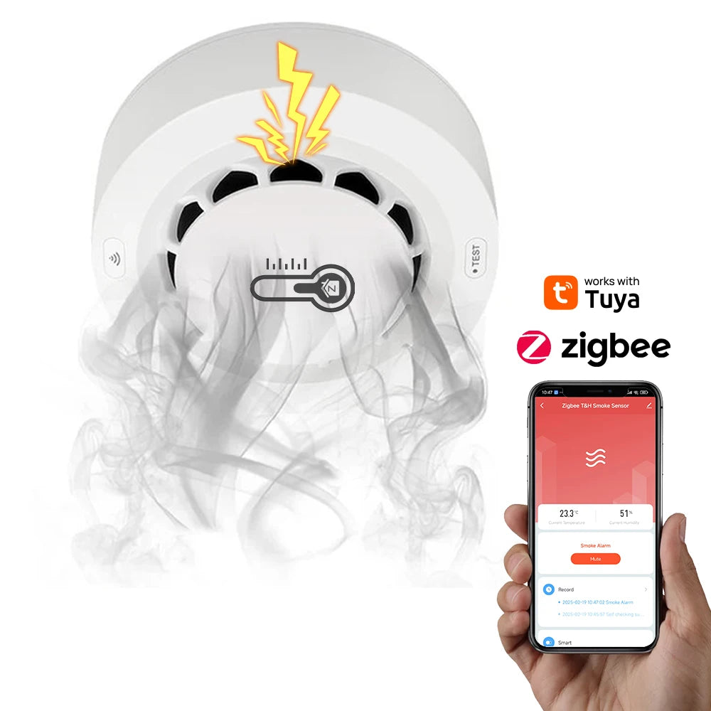 Tuya Zigbee BT Two Connection Smoke Detector Temperature Humidity Measurement Device 80dB Sound Alarm Remote Push Alert Function