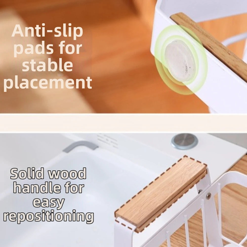 Detachable Kitchen Dish Rack Large Capacity Metal Frame Dish Drying Drain Rack Dish Drainer Wooden Handle Cutlery Cup Holders