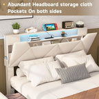 Vabches Bed Frame Queen with Storage Headboard&4 Drawers Upholstered Platform Bed Frame with Charging Station&LED Lights Bedroom