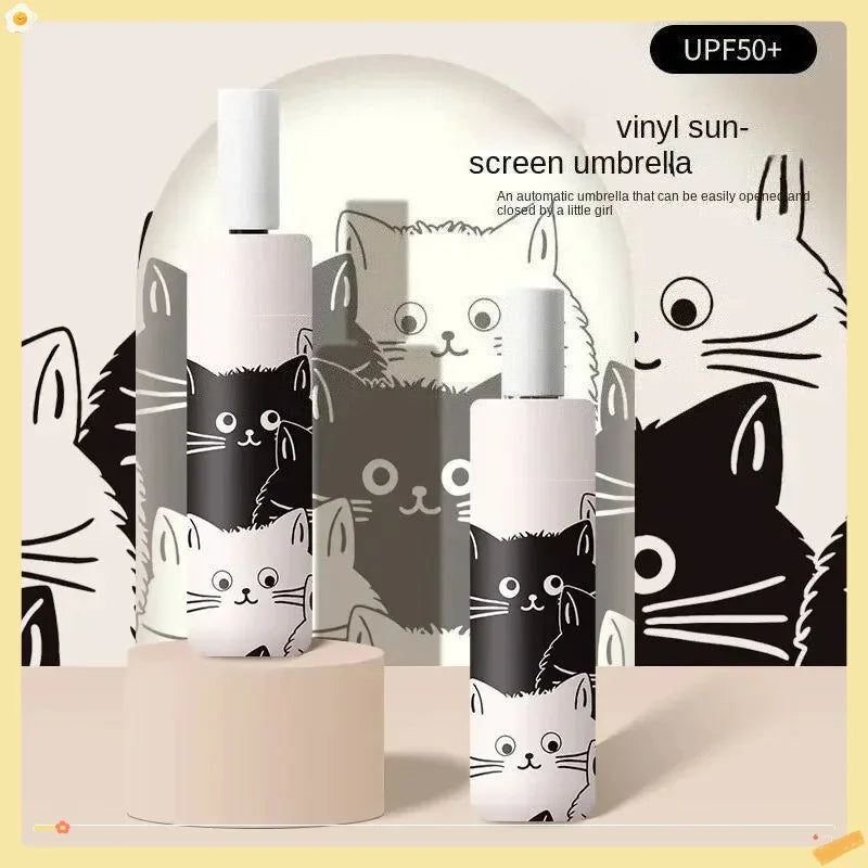 Simple Cartoon Kittens Printed Black And White Umbrella, Sunny And Rainy Dual-use UV Protection Umbrella