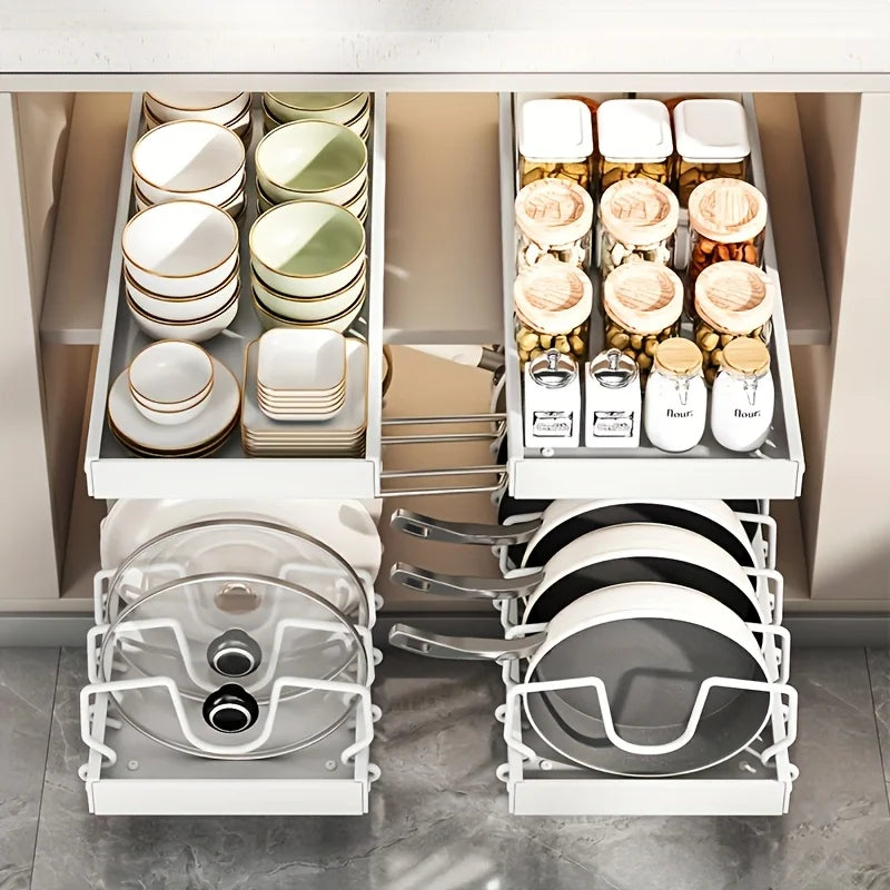 Cookware and Frying Pan Storage Rack with Pull-Out Lid Storage Box, Suitable for Placement under the Cabinet, Featuring a Pot Lid Rack with 8 Adjustable Dividers, Designed for Kitchen Cabinets and Baking Utensils, Kitchen Storage, Under-Sink Storage