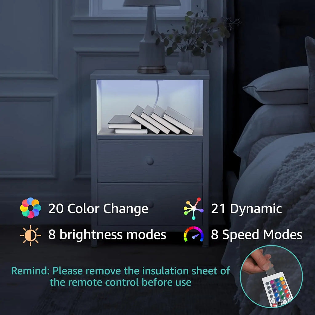 White Nightstands Set of 2, Bedroom Night Stand Set Two Nightstand with Charging Station and LED Light, Bedside Table with 2 Fab
