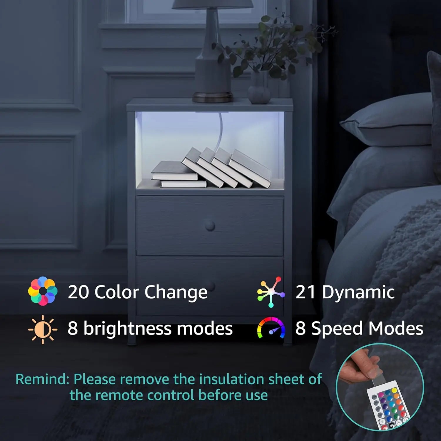White Nightstands Set of 2, Bedroom Night Stand Set Two Nightstand with Charging Station and LED Light, Bedside Table with 2 Fab