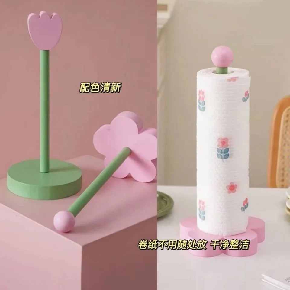 Wooden Kitchen Roll Paper Rack Creative Flower Towel Holder Bathroom Tissue Stand Home Decor Diningtable Napkins Rack, Ornaments