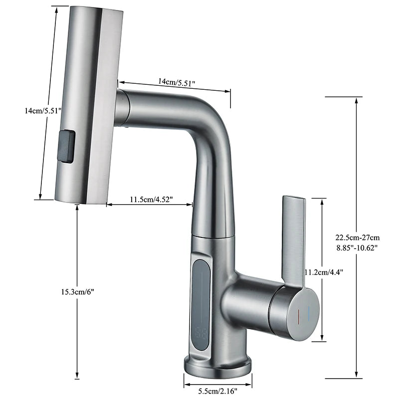 Gun Grey Intelligent Digital Display Waterfall Pull Out Kitchen Faucet Cold Hot Mixer Taps Rotatable Sink Lifting Basin Faucet